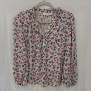 LOFT | Floral Ruffled Henley Mixed Media Blouse